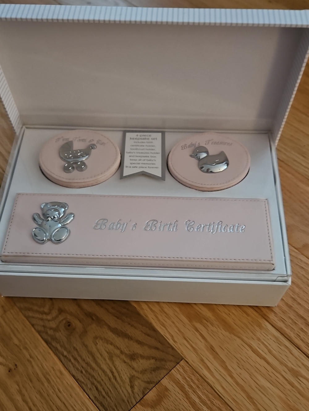 Baby's Birth Certificate Keepsake Set in Blush Pink with Silver Accents